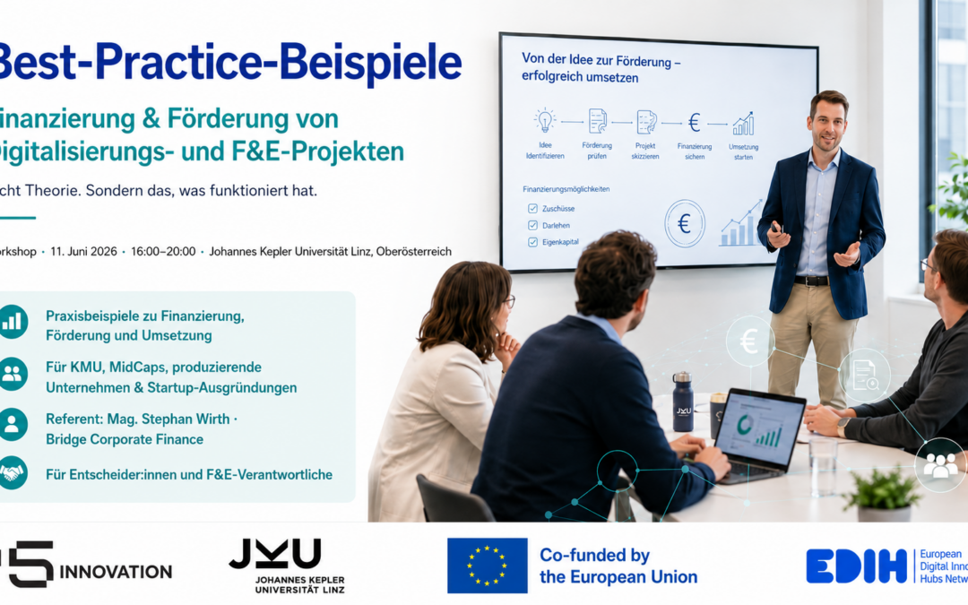 Beitragsbild zum Workshop „Best-Practice-Beispiele: Finanzierung & Förderung von Digitalisierungs- und F&E-Projekten“ am 11. Juni 2026 an der JKU Linz.
